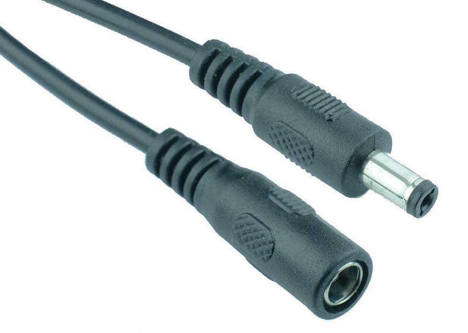 Male (top) and female (bottom) 5.5 mm x 2.1 mm DC connectors, pre-wired