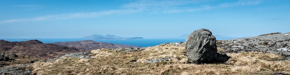 Eigg and Rum from the summit of Meall nan Each, mid-April 2020
